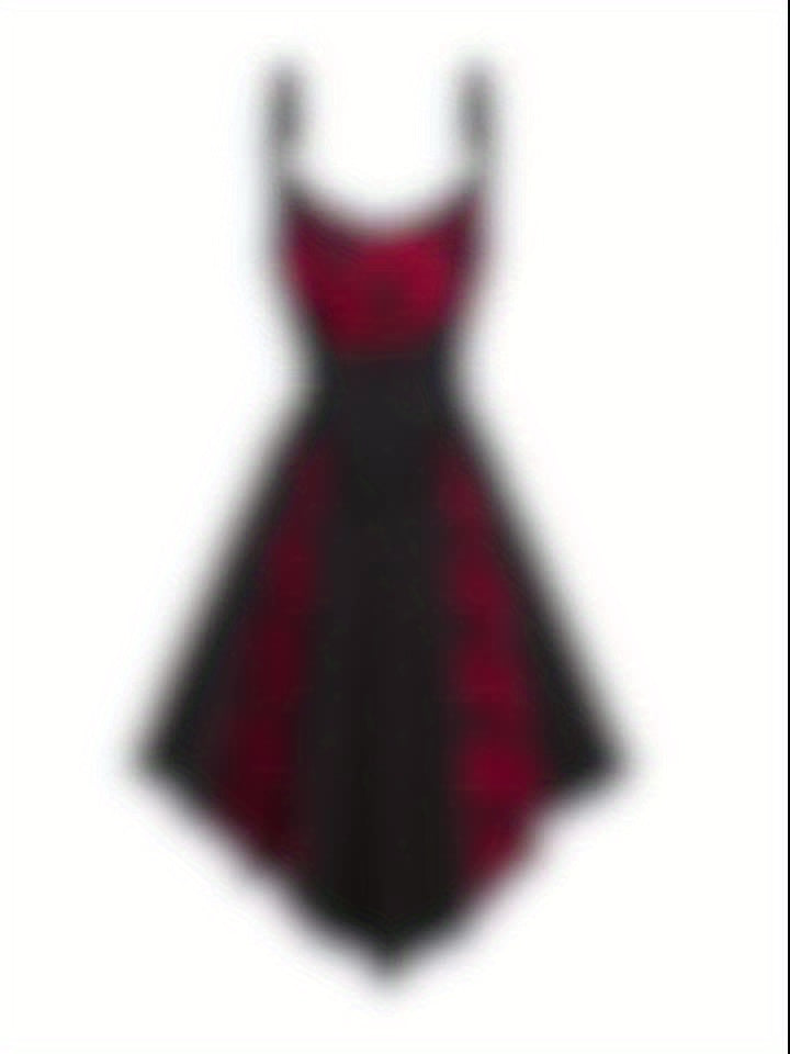 1pc Vintage V-Neck Lace-Up A-Line Dress for Women, Sleeveless Floral Lace Contrast, Heart-Shaped V-Line, Lace Detail, Polyester & Spandex, Elegant Party Dress for All Seasons