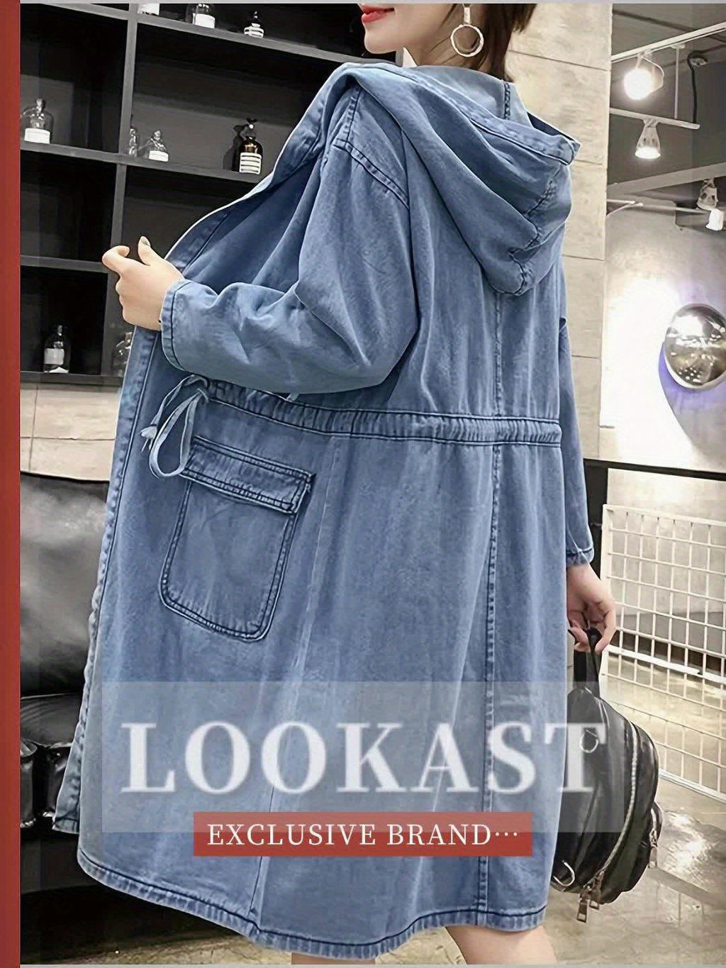 Women'S Vintage-Inspired Faux Denim Jacket with Kangaroo Pocket - Long Sleeve, Hooded, Non-Stretch Fabric, Casual Style, Spring\u002FSummer Collection, Blue Jean Jacket for Women