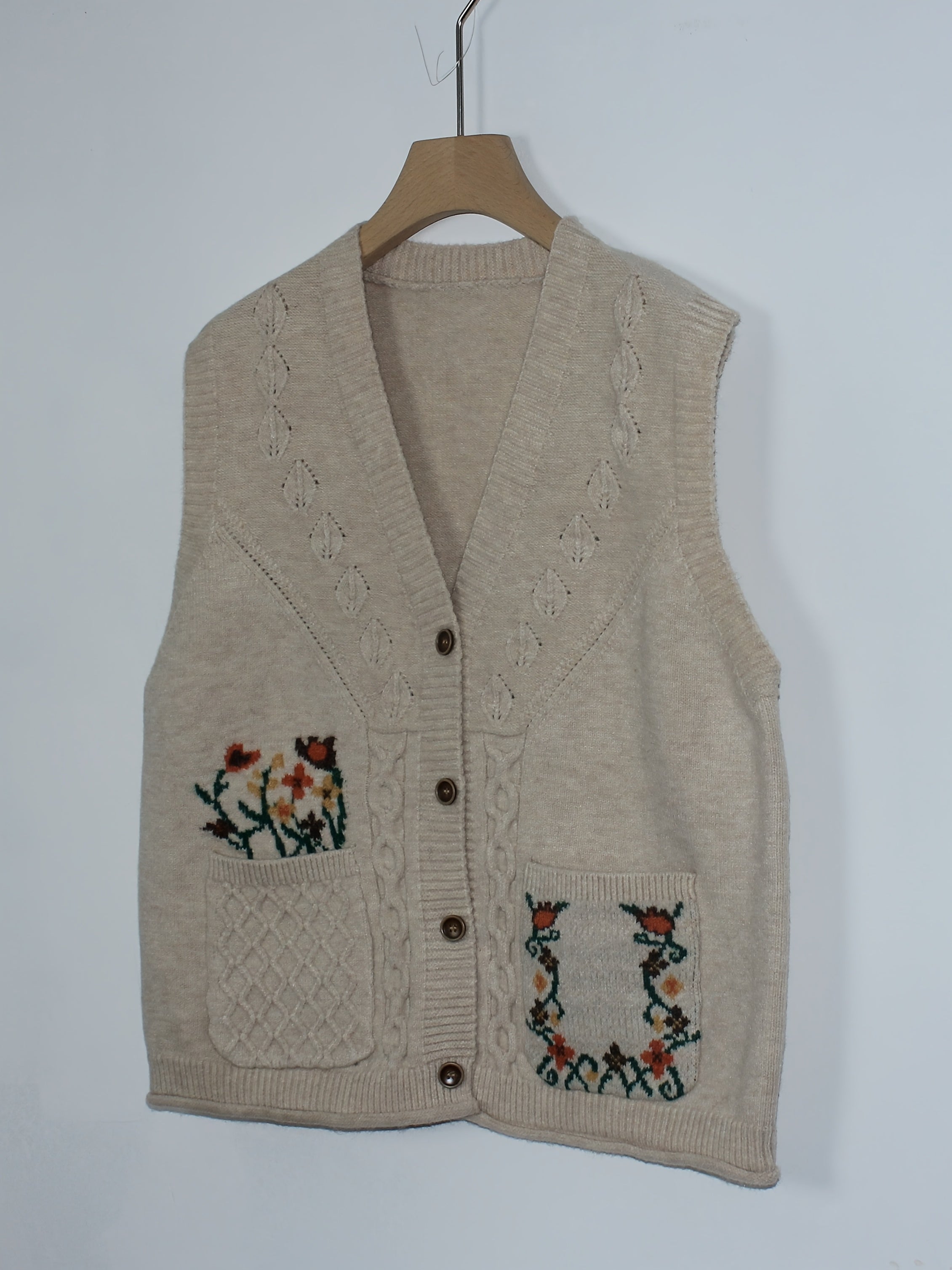 Better Tomorrow Women's Elegant Vintage Floral Sleeveless Vest - V-Neck Double Pocket Layering Piece, Relaxed H-Silhouette for Spring\u002FFall Casual Outfits, Ladies Vests, Spring Fall Apparel, Durable Knitwear