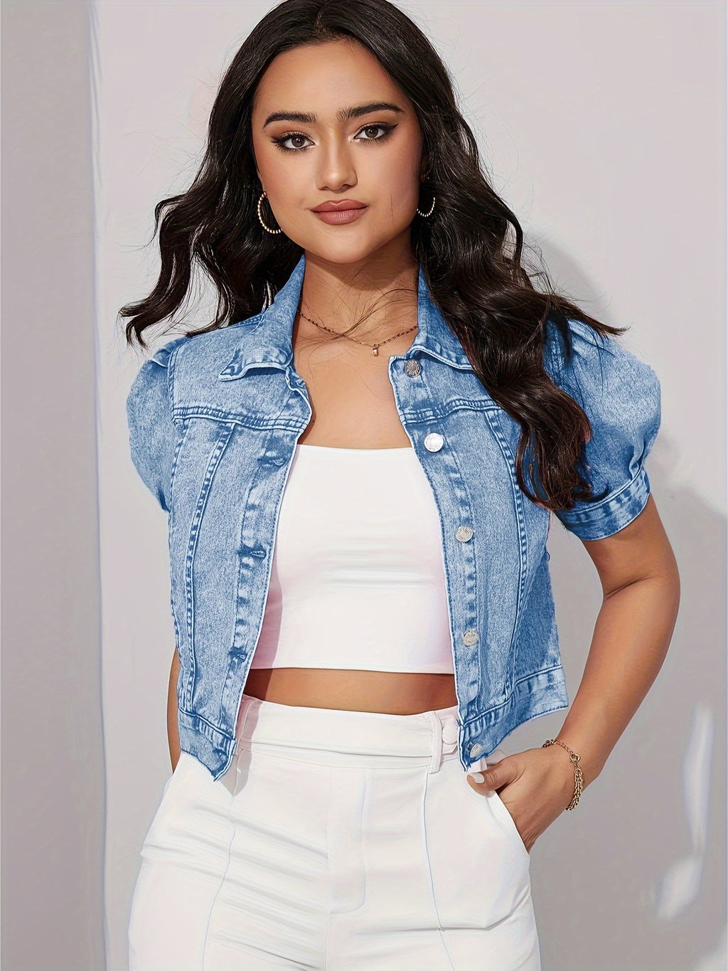 Elegant Solid Color Denim Jacket for Women - Short Sleeve, Button-Up, Machine Washable - Perfect for Spring\u002FSummer