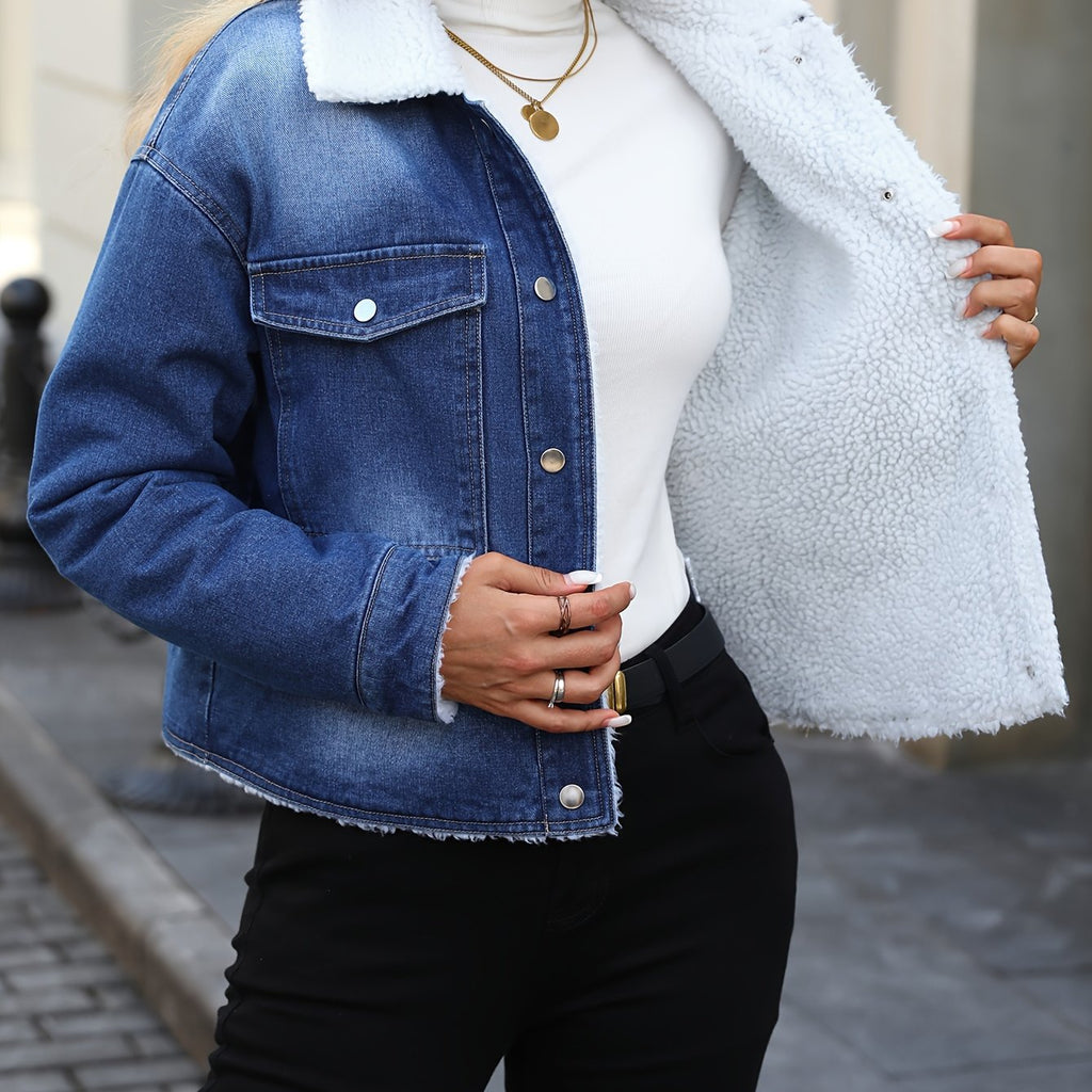 Morin Women's Elegant Fleece-Lined Denim Jacket - Winter Warm Button-Up Coat with Chest Pockets, Machine Washable, Classic Solid Color for Fall & Winter, Casual Outerwear