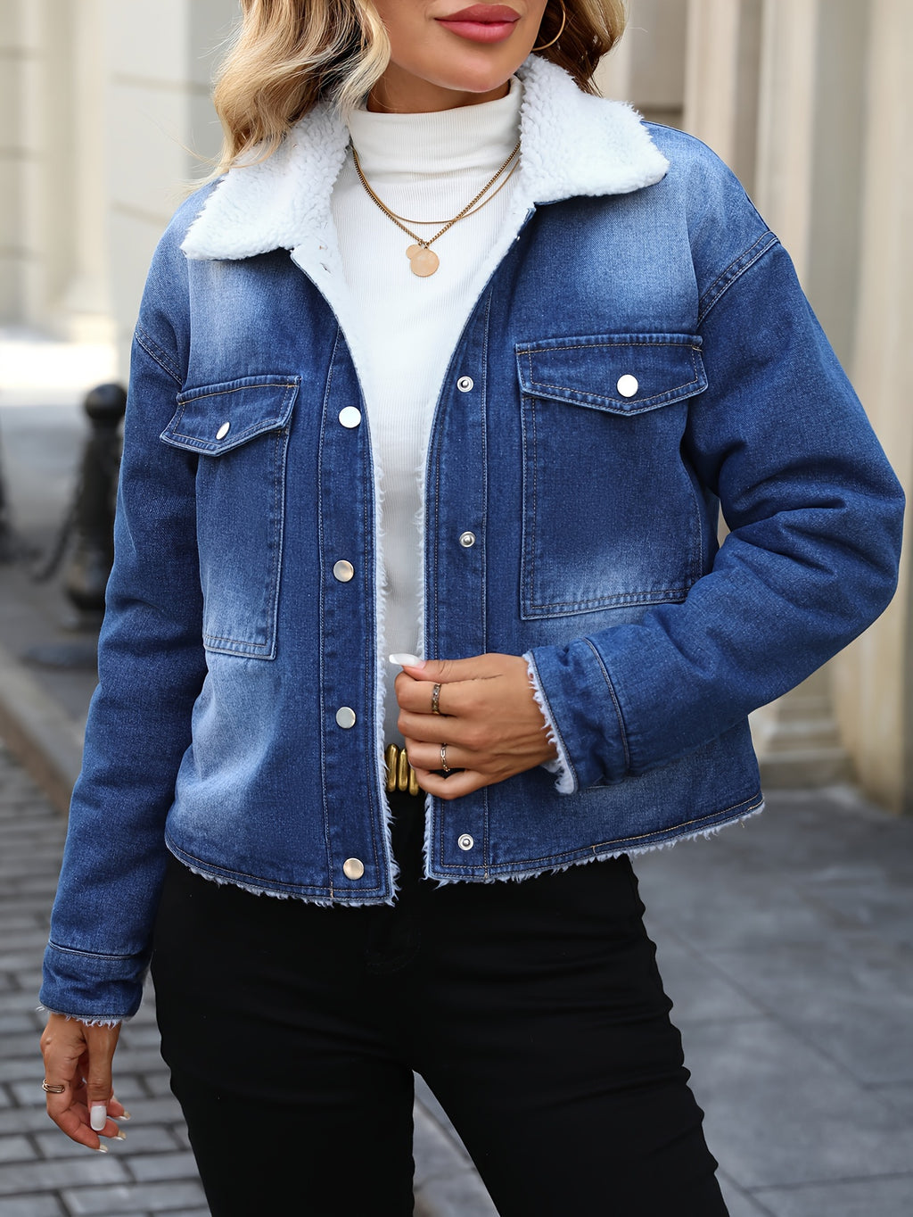Morin Women's Elegant Fleece-Lined Denim Jacket - Winter Warm Button-Up Coat with Chest Pockets, Machine Washable, Classic Solid Color for Fall & Winter, Casual Outerwear
