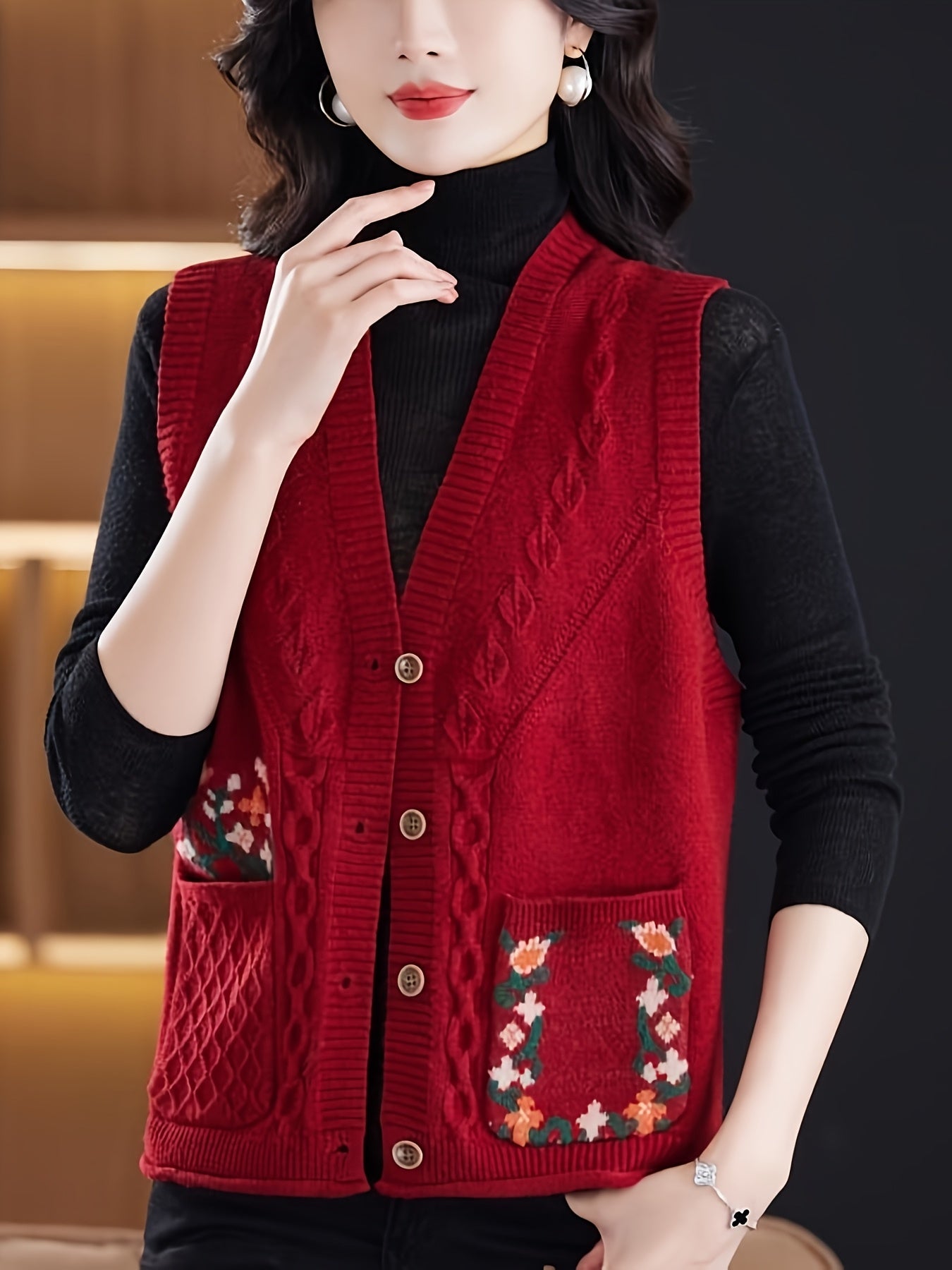 Better Tomorrow Women's Elegant Vintage Floral Sleeveless Vest - V-Neck Double Pocket Layering Piece, Relaxed H-Silhouette for Spring\u002FFall Casual Outfits, Ladies Vests, Spring Fall Apparel, Durable Knitwear