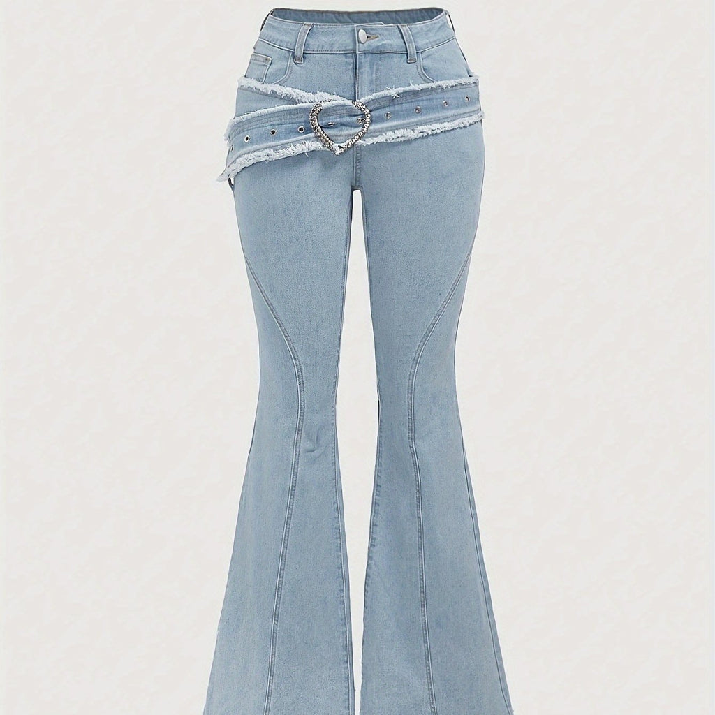 Elegant Flared Jeans for Women - Solid Color, Cotton Blend, Medium Stretch, Woven, with Belt Loop and Pocket Details, Comfort Fit, All-Season Fashion Pants