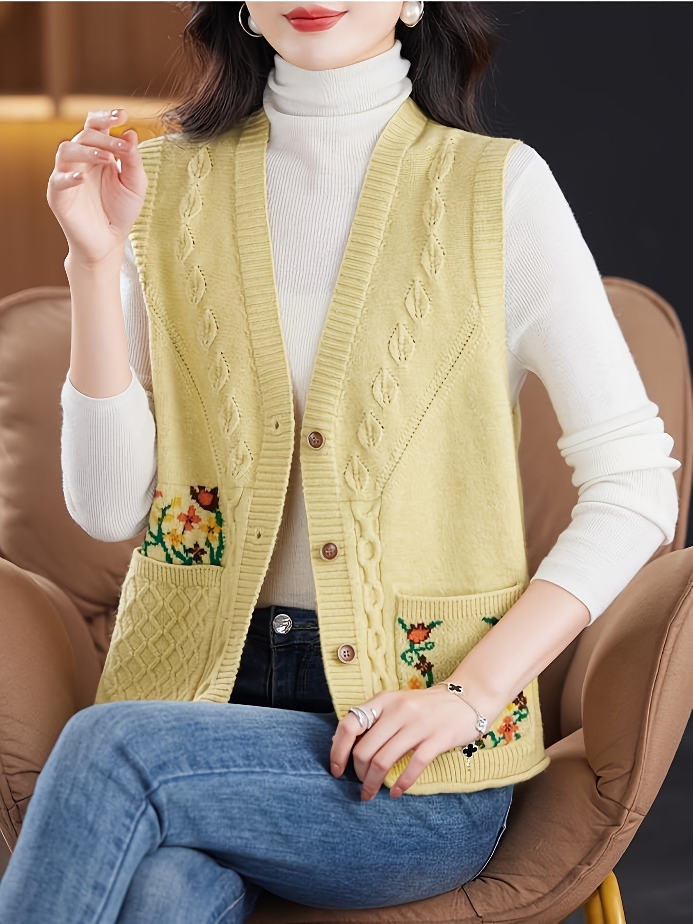 Better Tomorrow Women's Elegant Vintage Floral Sleeveless Vest - V-Neck Double Pocket Layering Piece, Relaxed H-Silhouette for Spring\u002FFall Casual Outfits, Ladies Vests, Spring Fall Apparel, Durable Knitwear