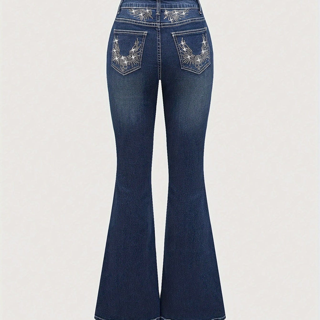 Stretch Comfort Women's Stretch Denim Flare Jeans with Rhinestone Details - Elegant Blue Bell Bottom Pants, Mid-Rise, Blend, Machine Washable, All-Season Comfort Fit